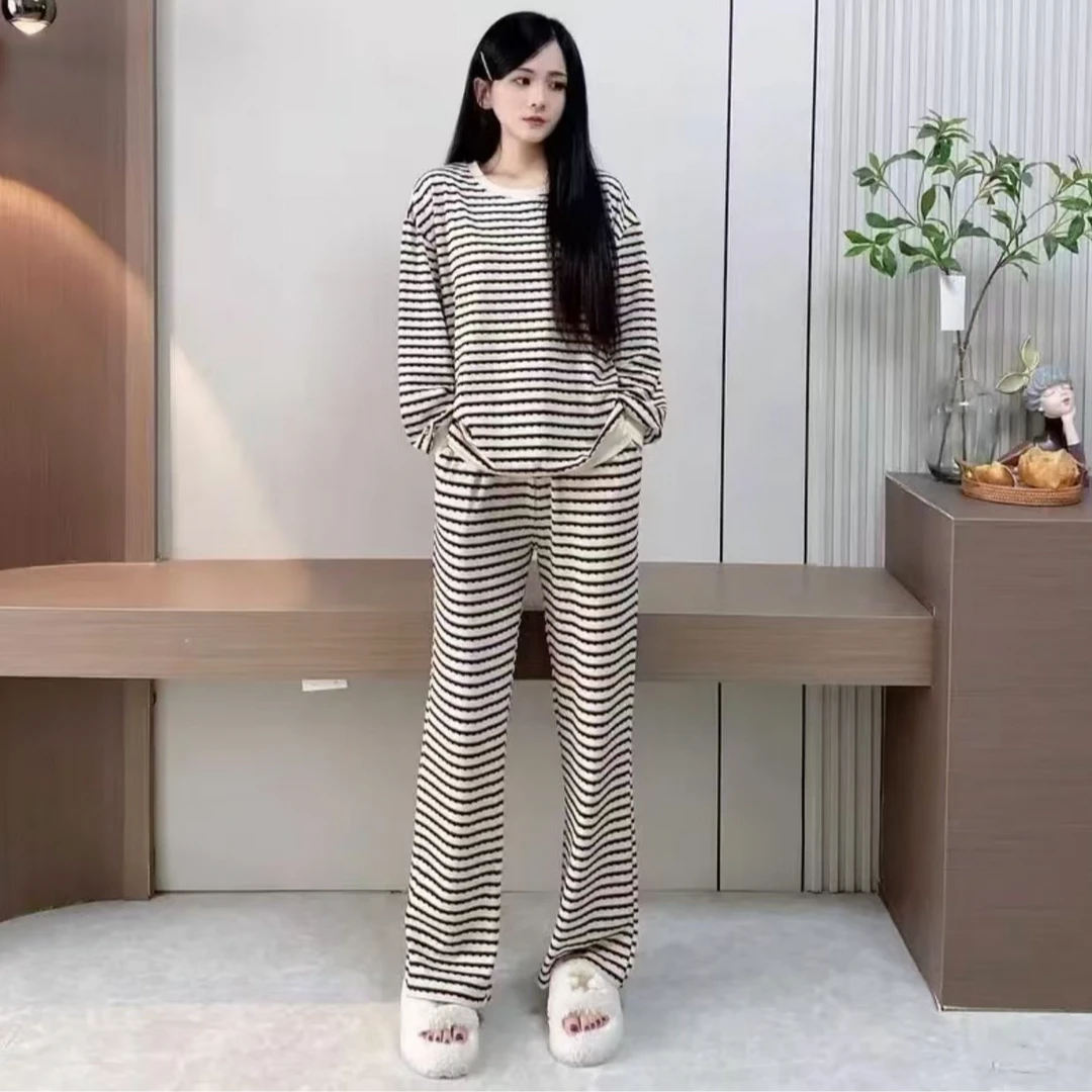 胸垫款纯棉条纹长袖睡衣女套装新款韩版秋冬休闲女士家居服外穿