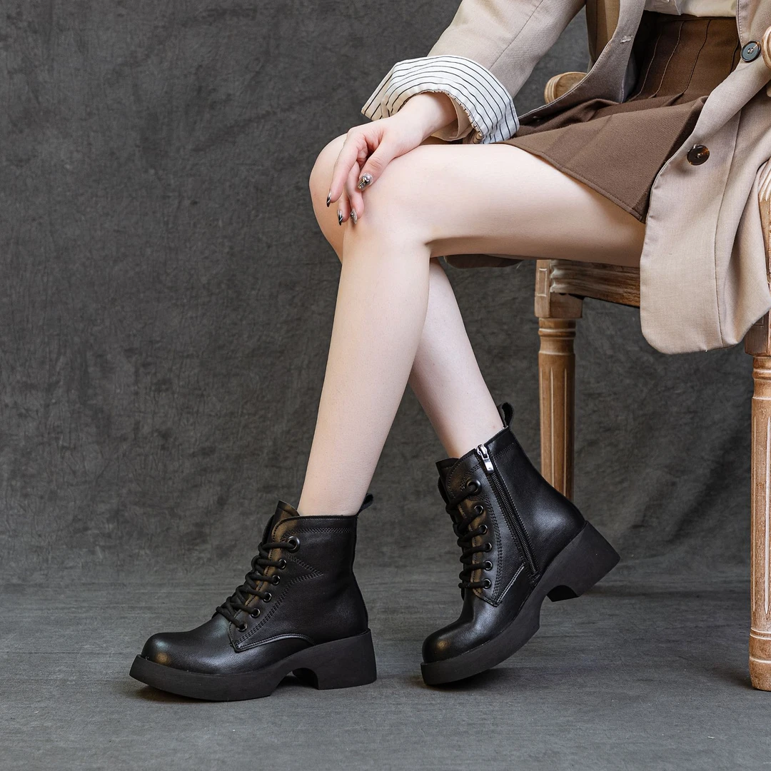 真皮复古马丁靴女2025年秋冬新款英伦风棕色圆头粗跟百搭休闲系带