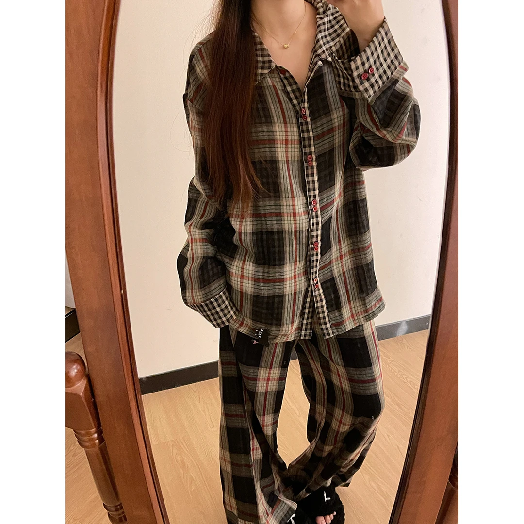 【DSYJ大睡衣家】韩版复古设计感撞色格纹睡衣女早秋新款家居服套装