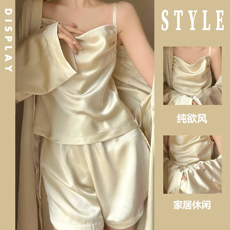 法式吊带睡衣女夏季大码家居服甜美冰丝开衫睡袍短裤家居服可外穿