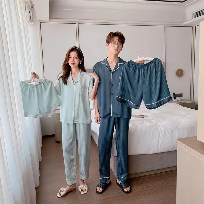 千鸟格三件套情侣女短袖透气提花薄款纯色CWS睡衣家居服