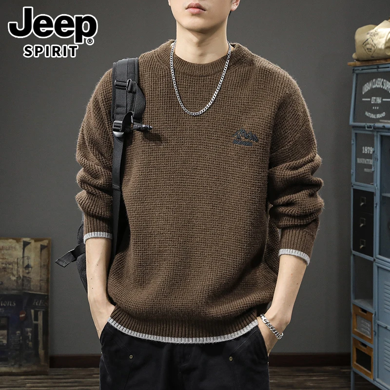 JEEPSPIRIT美式重磅复古假两件套头毛衣男宽松潮牌刺绣圆领上衣男