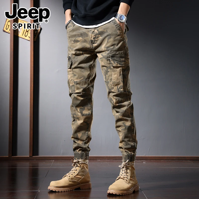 JEEPSPIRIT秋冬季重磅迷彩工装裤子男修身束脚潮牌多口袋休闲裤子