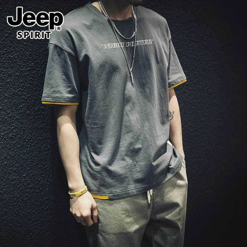 JEEPSPIRIT夏季潮牌假两件短袖T恤男士宽松大码纯棉上衣潮半袖T恤