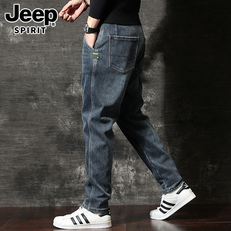 JEEPSPIRIT高端弹力复古牛仔裤男款秋冬季加绒宽松直筒潮牌休闲裤