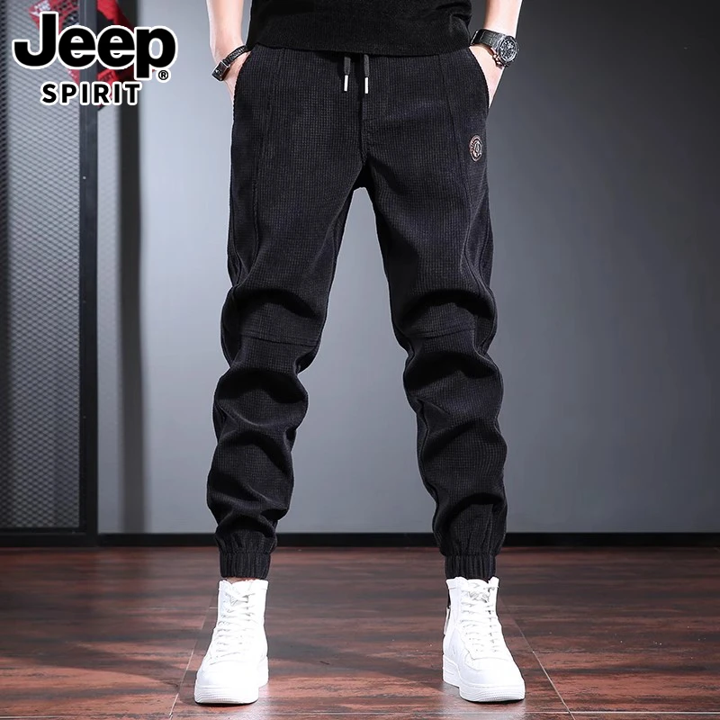 JEEPSPIRIT冬季灯芯绒休闲裤男款加绒加厚男士黑色潮流宽松束脚裤
