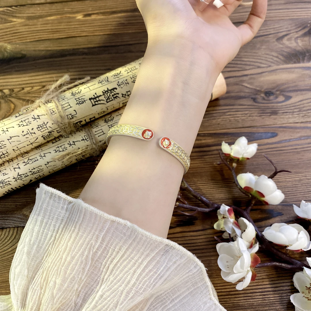 足银手镯 钱串子招财猫描金开口银手镯  足银999.9 约32克