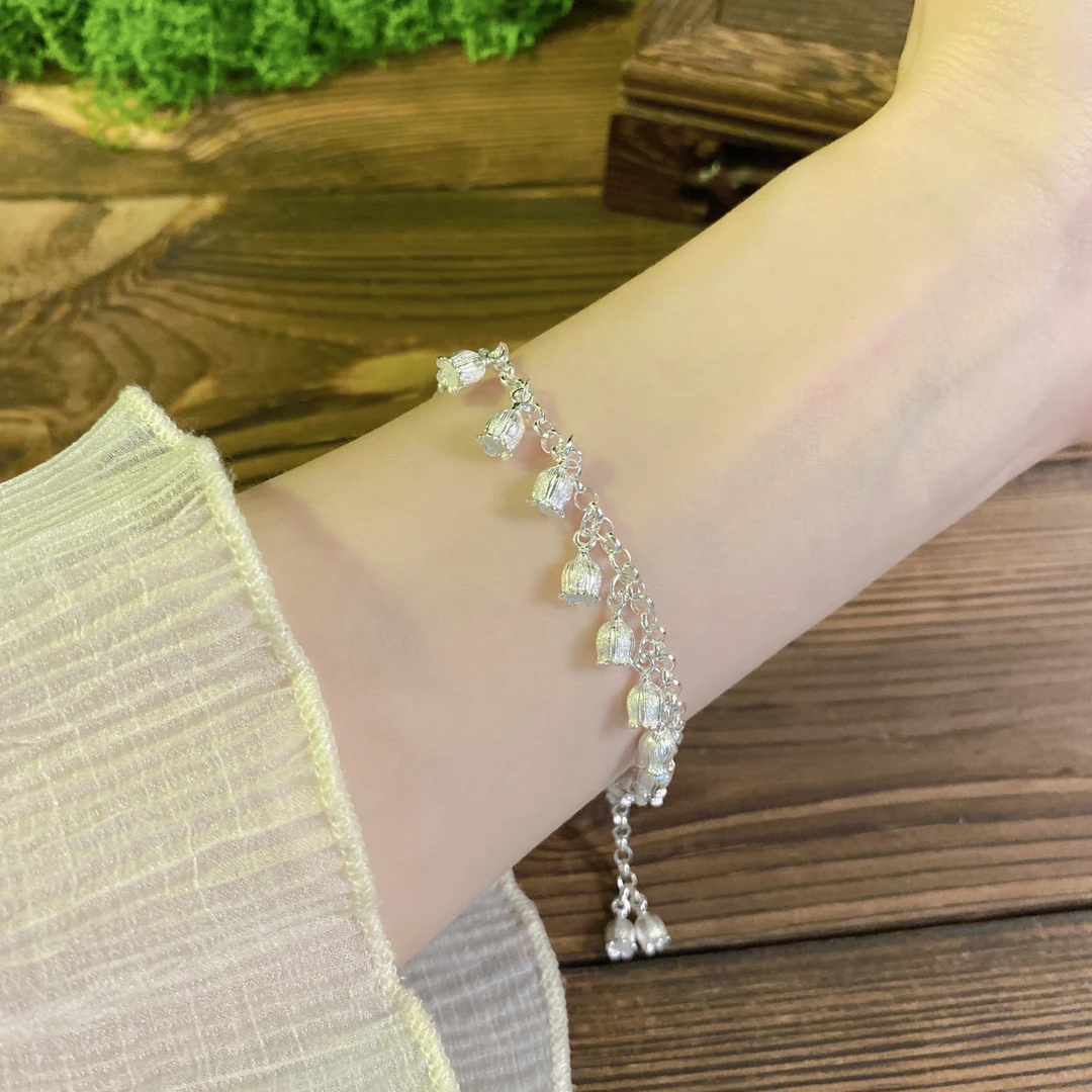 苗江月 足银手链 铃兰花半鐲半链时尚ins精致精致百搭款叠戴款