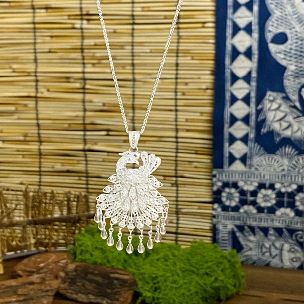 坠链均足银 足银 素款孔雀花丝手工吊坠t