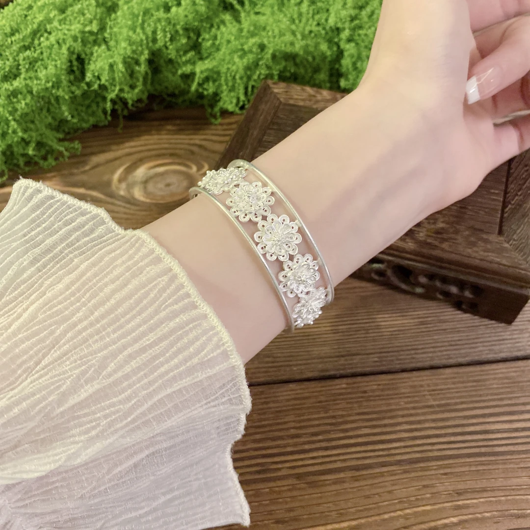 足银手镯 足银 苗族特色多层太阳花花丝开口手镯