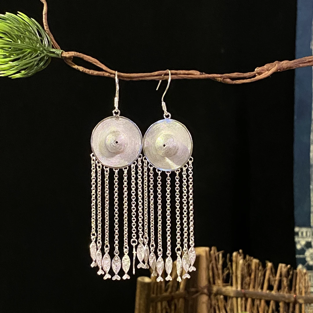 足银耳饰 足银 苗族斗笠吊鱼耳坠