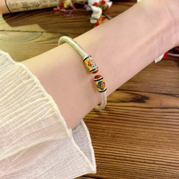 足银手镯 探窗 百福珐琅 足银999.9 开口手镯