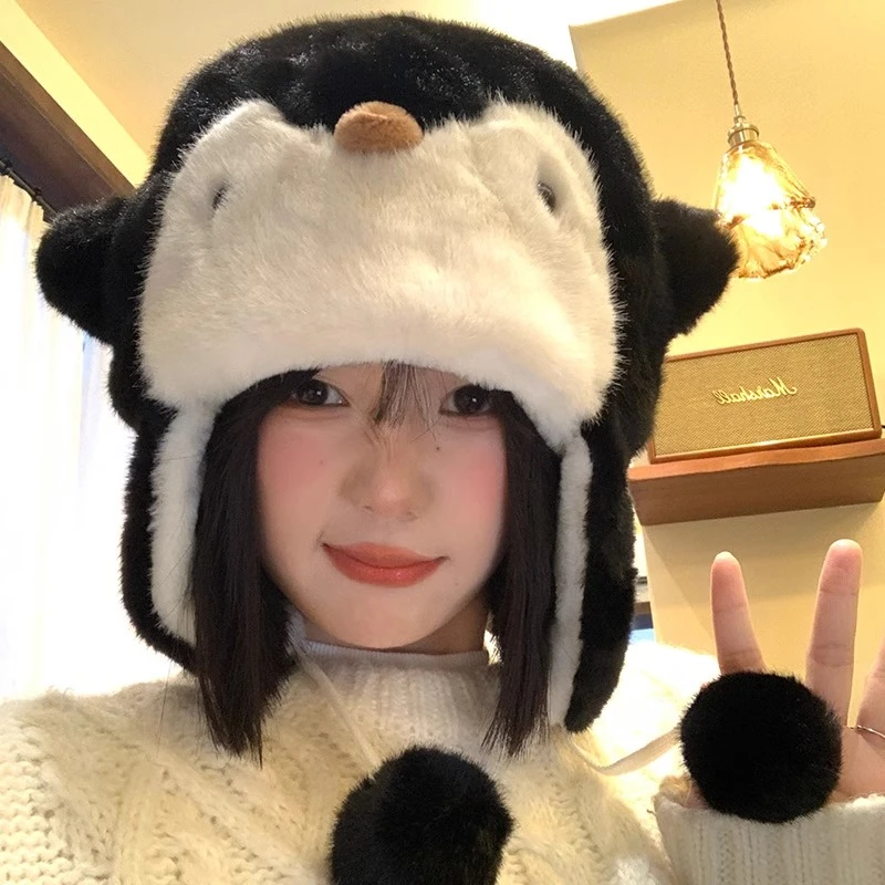 可爱企鹅毛绒帽子女2024年秋冬防寒加厚保暖护耳雷锋帽骑车滑雪帽