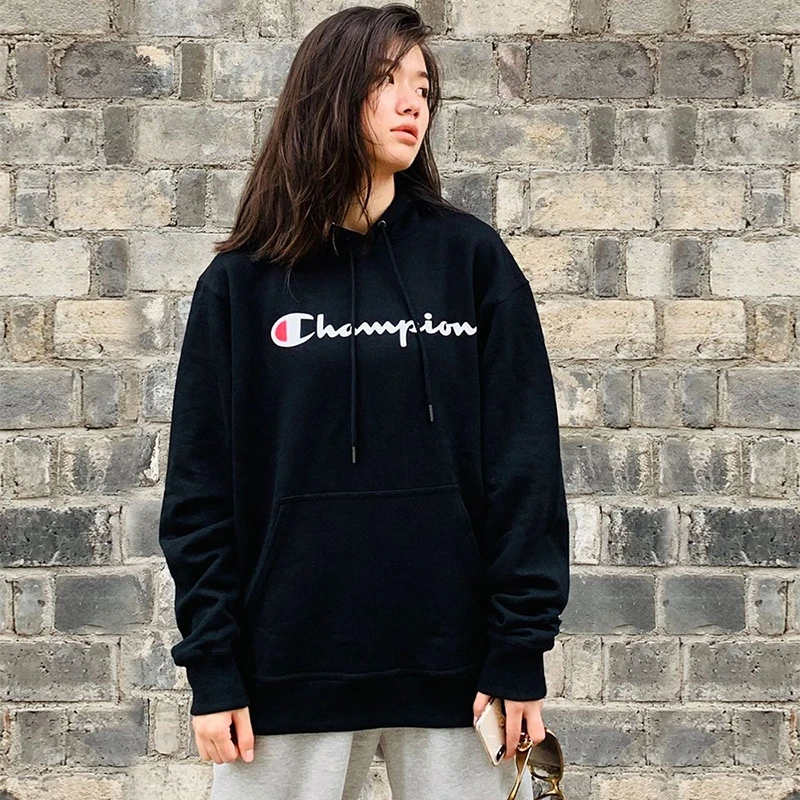 Champion冠军草写印花logoins连帽卫衣宽松加绒休闲套头帽衫GF89H