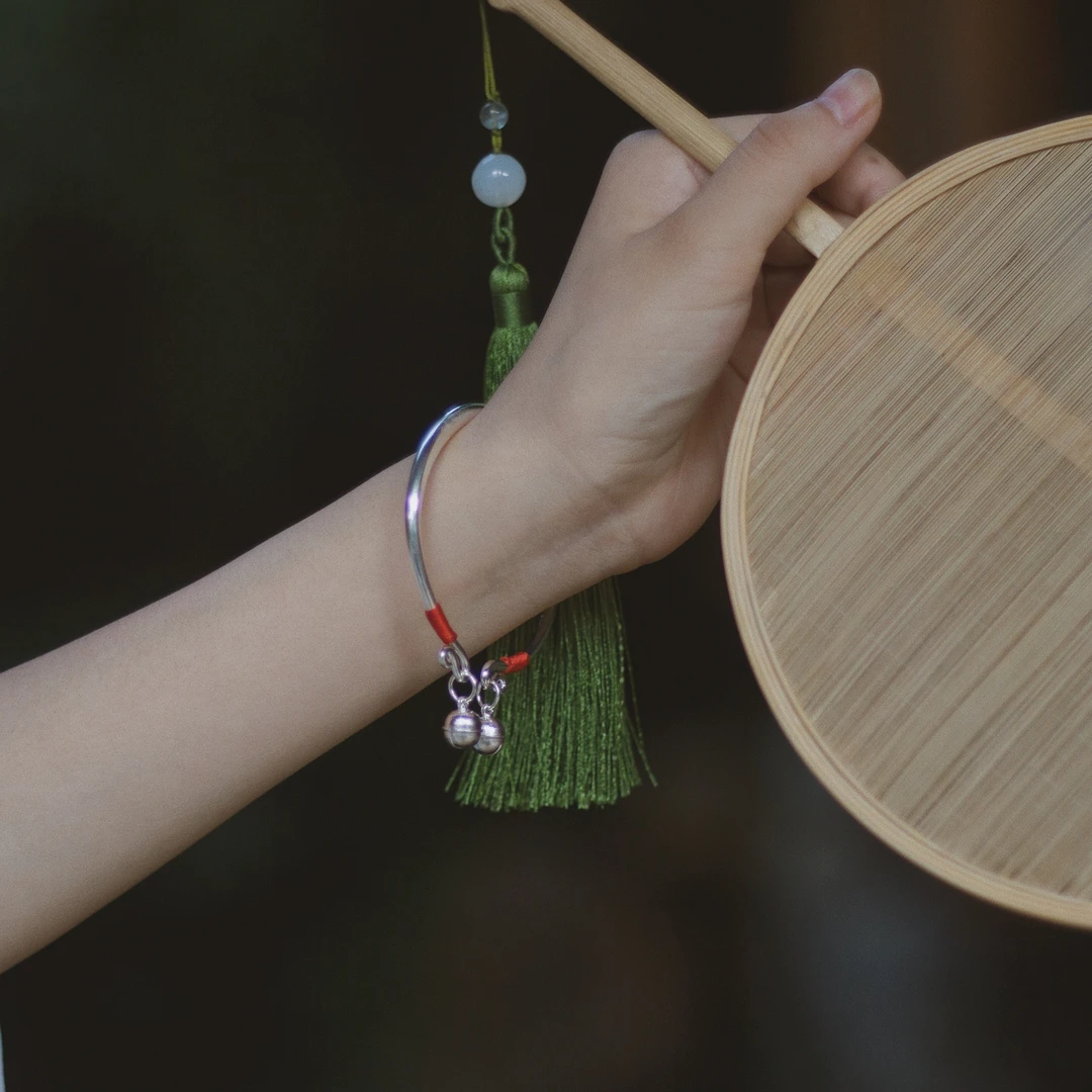 足银手镯 红绳女儿环 开口铃铛细手镯环复古文艺森系转运