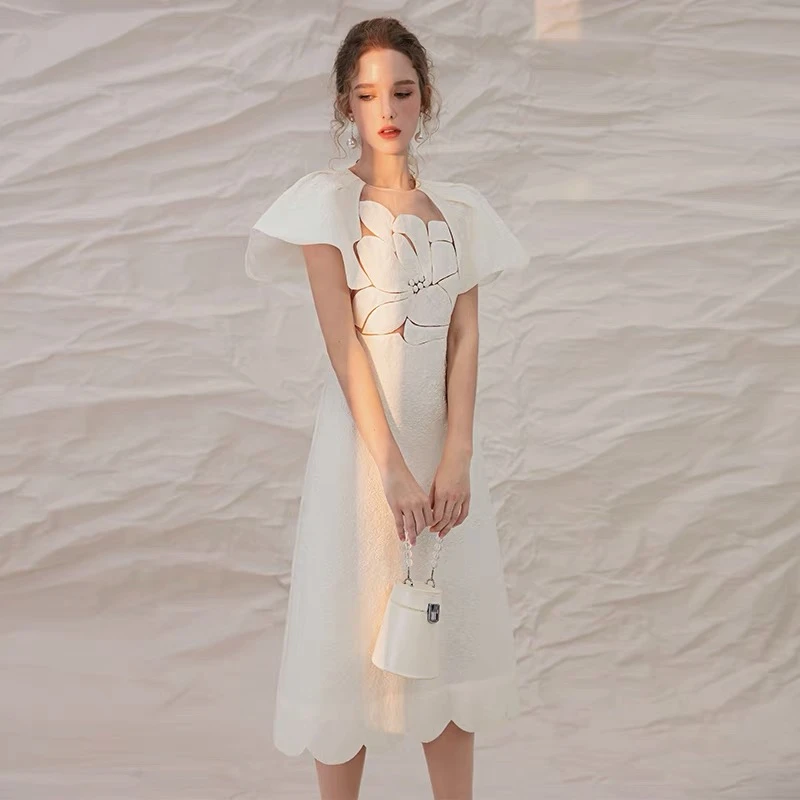 【暖暖小众定制款】越南小众气质显瘦精致浮雕提花宴会白色礼服裙