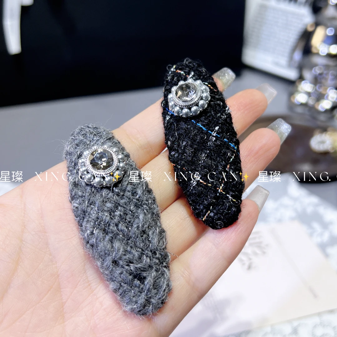 XC A069 手工小香风气质编织黑灰色椭圆形鸭嘴夹7厘米精致发夹