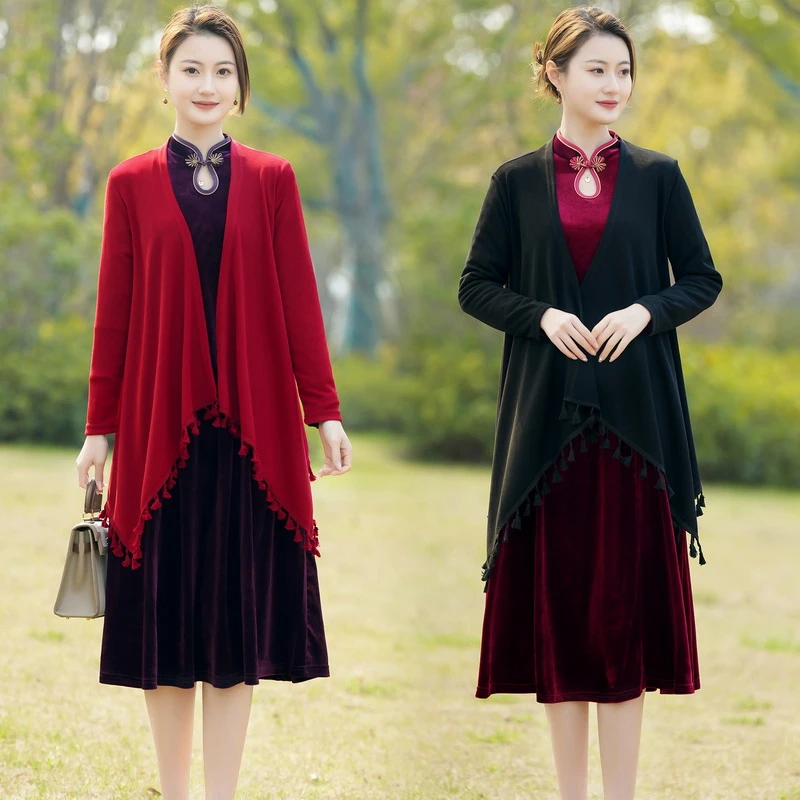 喜妈妈洋气时尚流苏披肩搭配旗袍裙中老年女装不规则外搭春秋长袖