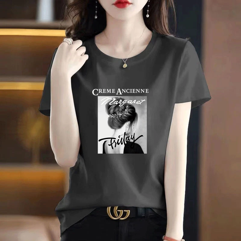 高级灰色正肩短袖t恤女夏季新款薄款宽松休闲洋气百搭印花圆领T恤