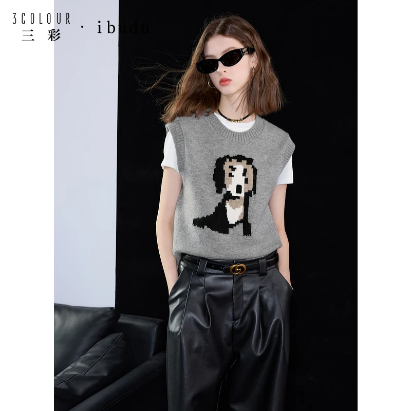 三彩ibudu2025秋季新款趣味马赛克提花毛衫背心女针织衫设计感