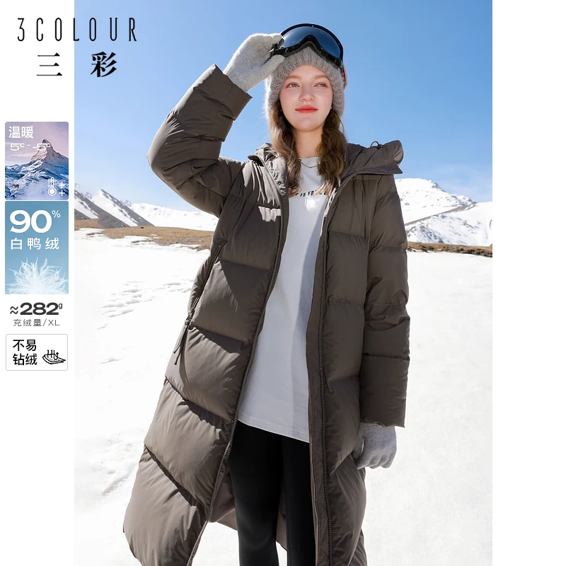 三彩女装2024冬季新款长款连帽羽绒服宽松面包服保暖白鸭绒外套M