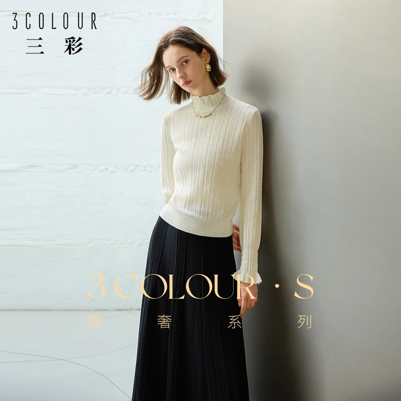 三彩2024冬季新款绵羊毛针织衫半高领木耳边提花毛衫内搭修身女S