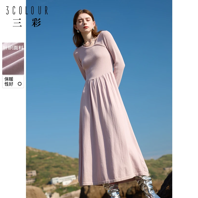 三彩女装独醒2024冬季新款圆领针织裙拼接大摆高腰连衣裙长裙女F