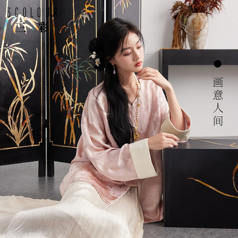 三彩女装【浅春霓裳】24春季新款新中式提花衬衫拼接小衫文艺C