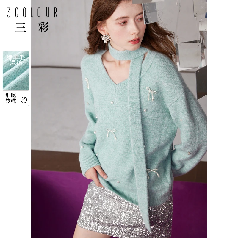 三彩2024冬季新款薄荷曼波V领宽松针织衫立体蝴蝶结毛衫清新女M