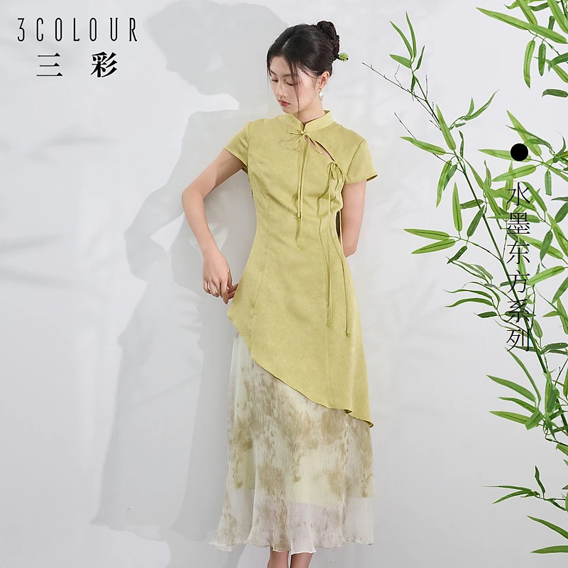 三彩女装【日暮青山】24夏新款新中式拼接连衣裙假两件盘扣长裙C