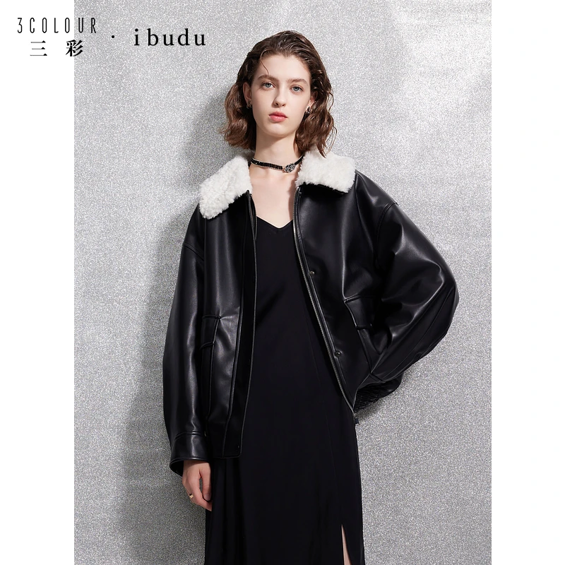 三彩ibudu2024冬季新款PU仿皮外套皮衣毛毛翻领宽松加棉保暖女