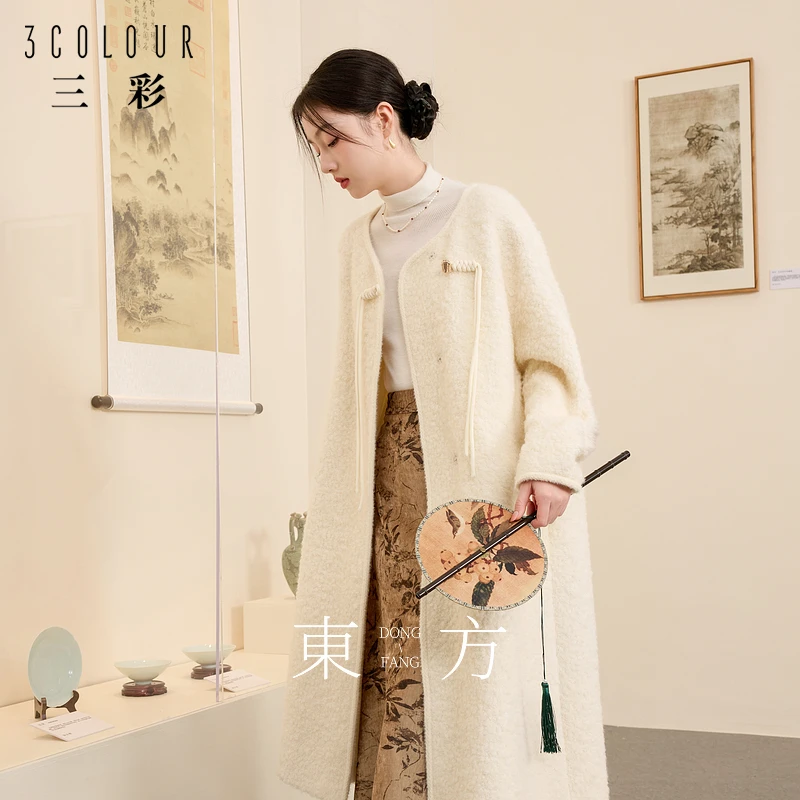 三彩【千里飞雪】2024冬季新款新中式大衣绵羊毛长款毛呢外套女C