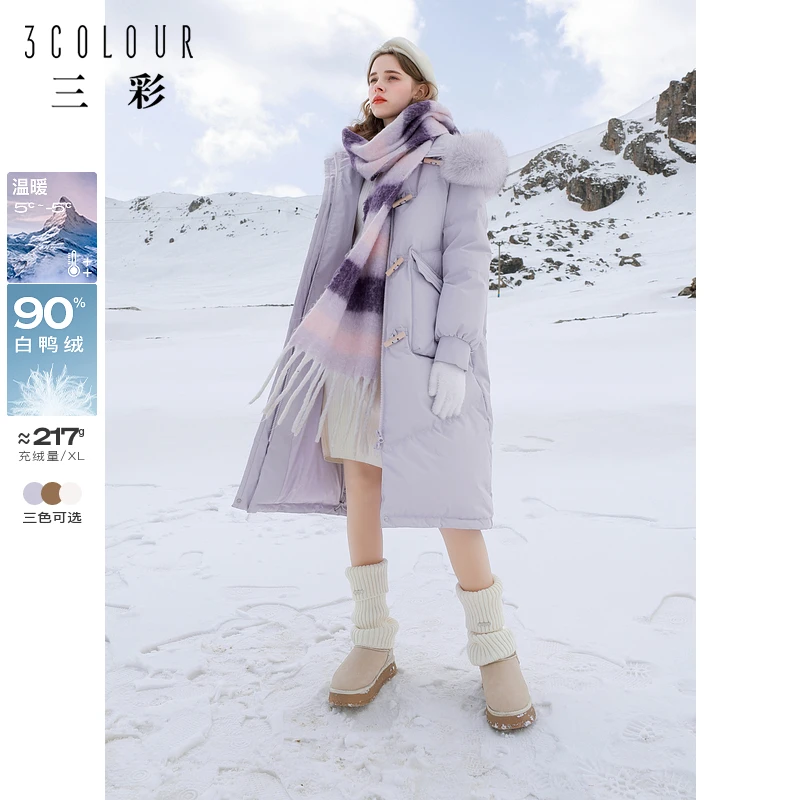 三彩2024冬季新款长款羽绒服狐狸毛领白鸭绒保暖外套宽松休闲女M