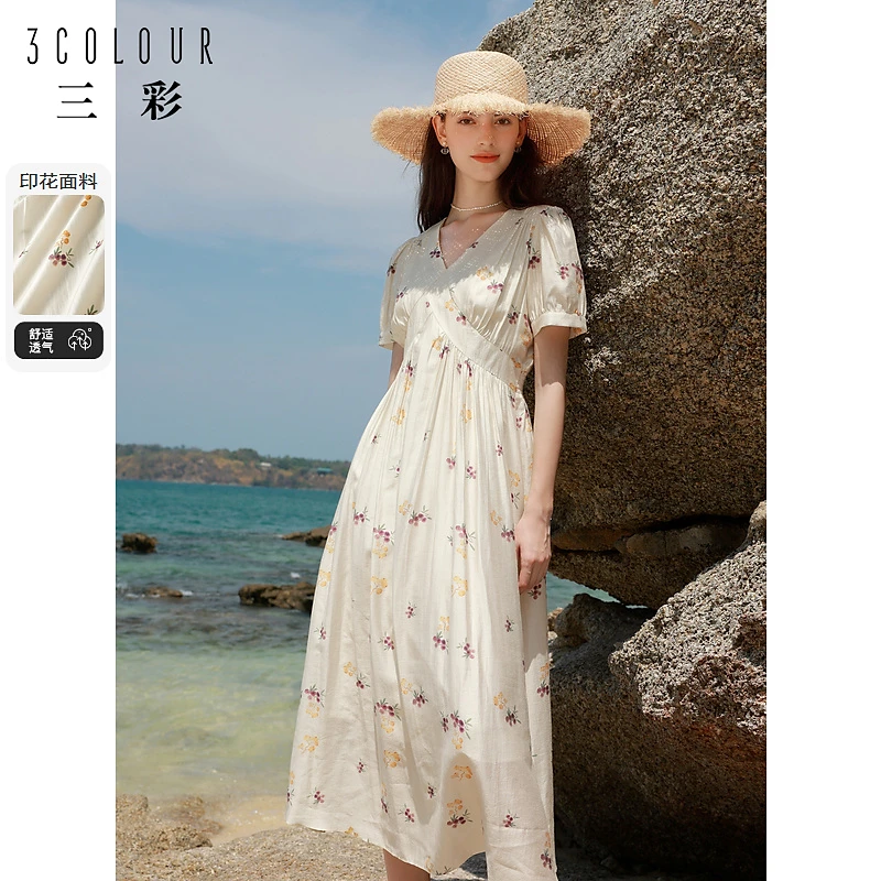 三彩女装2024夏季新款法式浪漫V领飘逸碎花裙连衣裙气质长裙M