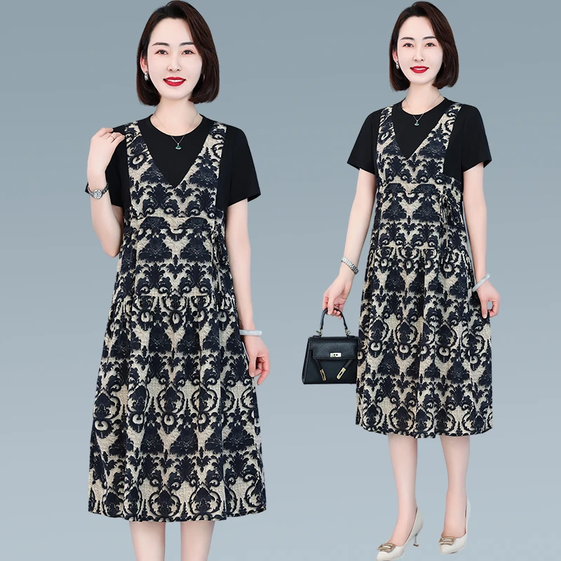 恩狐夏季新款时尚连衣裙薄款洋气浮雕花色宽松休闲显瘦气质连衣裙