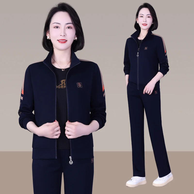 恩狐春季减龄显瘦中老年妈妈跑步长袖洋气时尚女运动休闲三件套装