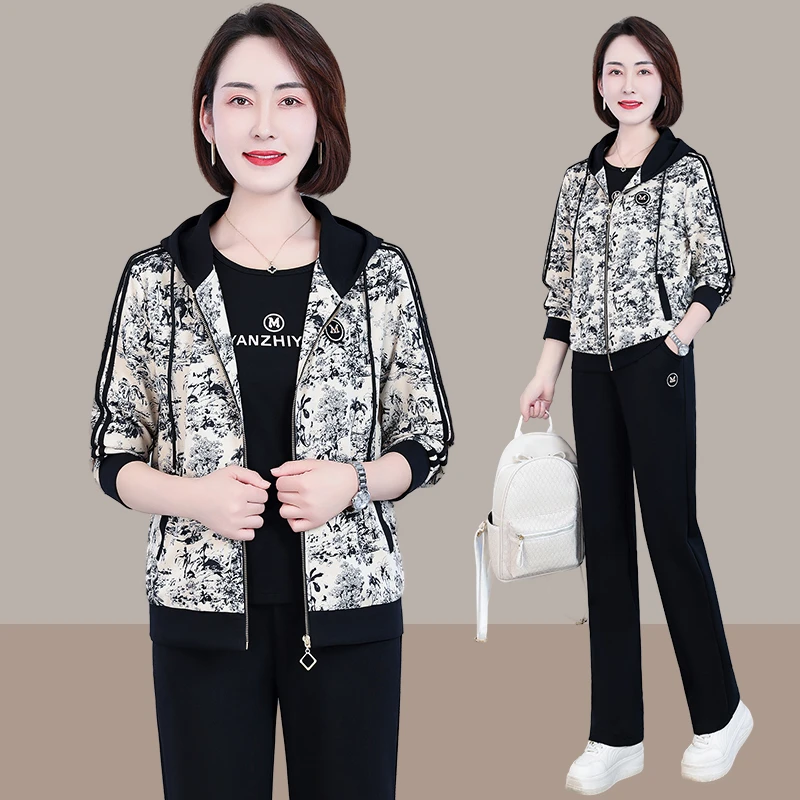 恩狐中年妈妈秋季新款减龄显瘦运动套装中老年女春秋时尚三件套装