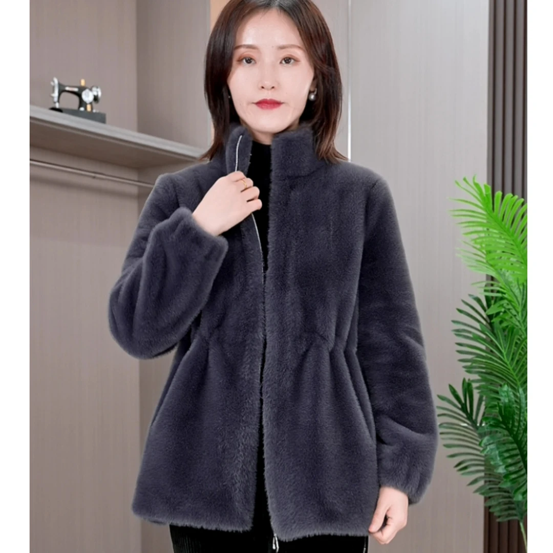 恩狐时尚休闲立领秋冬皮毛一体气质百搭妈妈装加厚保暖外套