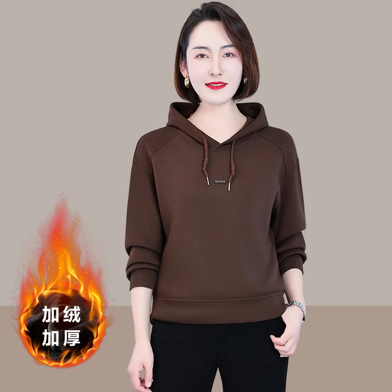 恩狐百搭时尚洋气纯色连帽中年秋季新款宽松休闲运动女士长袖卫衣