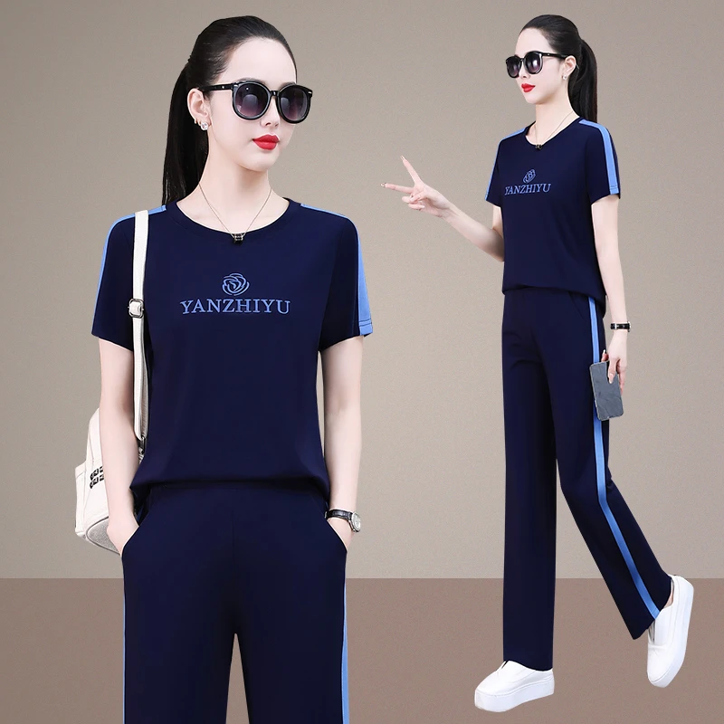 恩狐圆领t恤套装洋气妈妈时尚中老年休闲运动服夏装短袖两件套