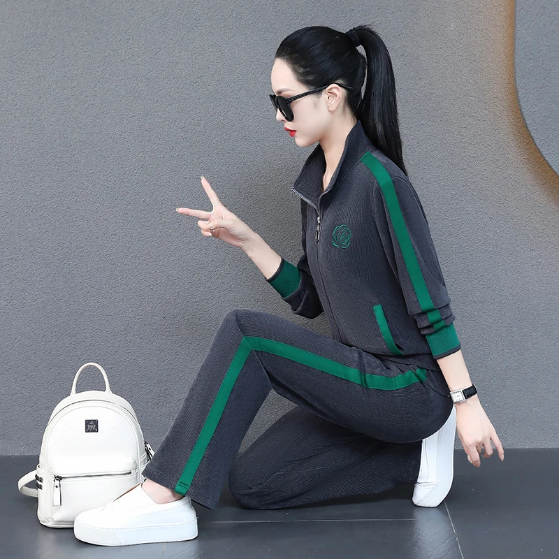 恩狐运动套装女春秋新款时尚减龄中老年妈妈装休闲外套长裤两件套