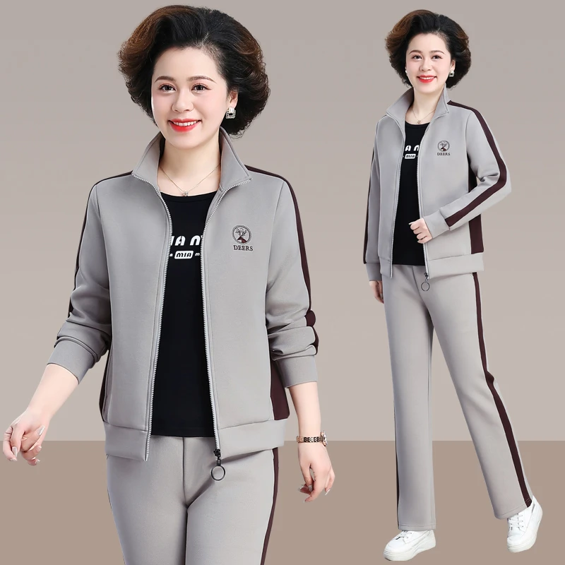 恩狐洋气妈妈春装运动服2024新款中年短款外套中老年女三件套