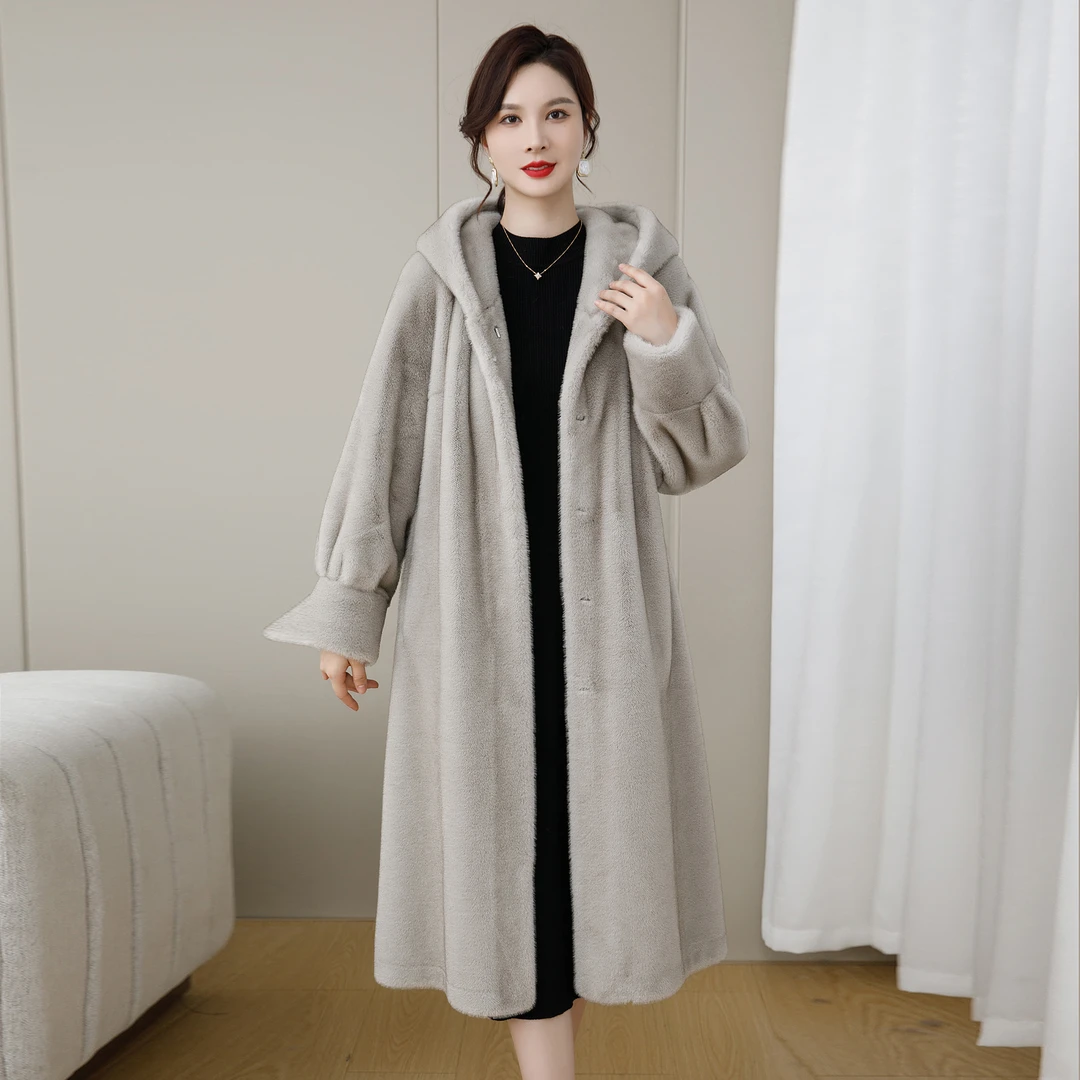 恩狐时尚百搭长款连帽女士外套冬季新款皮毛一体加厚保暖上衣