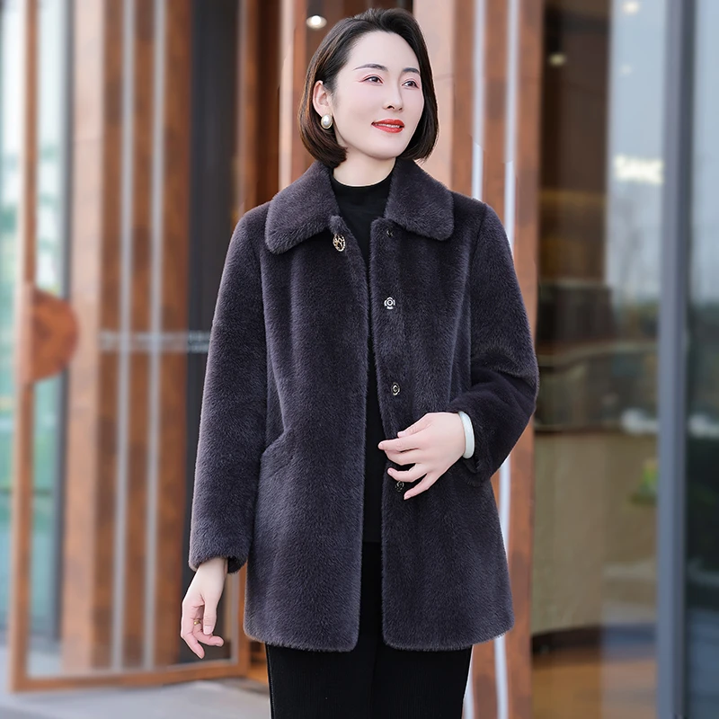 恩狐中年妈妈洋气加厚冬装保暖大衣气质宽松翻领纯色冬季新款外套