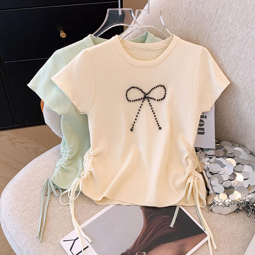 韩版蝴蝶结针织T恤女设计感小众夏季新款修身短款冰丝短袖上衣潮
