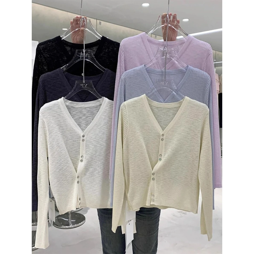 设计感V领长袖针织开衫女装2024夏季新款纯色薄款空调防晒衫上衣