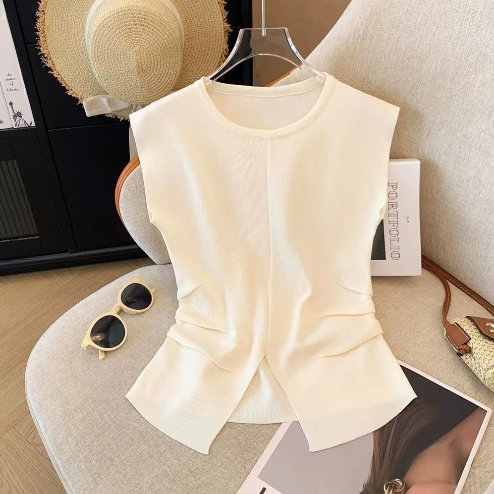 设计感圆领冰丝针织T恤女夏季新款开叉压褶坎肩显瘦无袖背心上衣