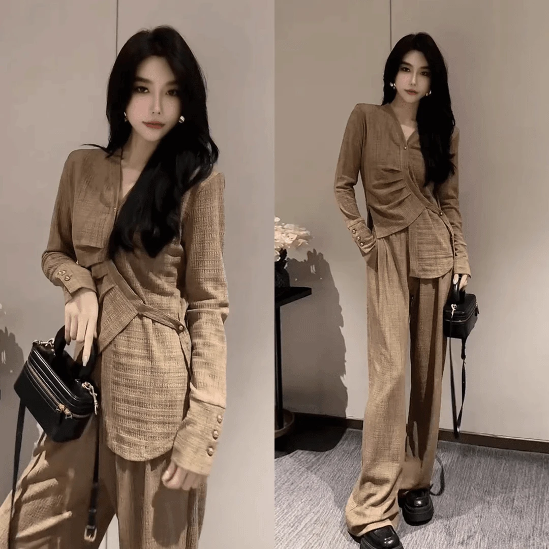 初秋新款女装套装轻熟风韩版不规则感开叉衬衫阔腿休闲裤两件套潮