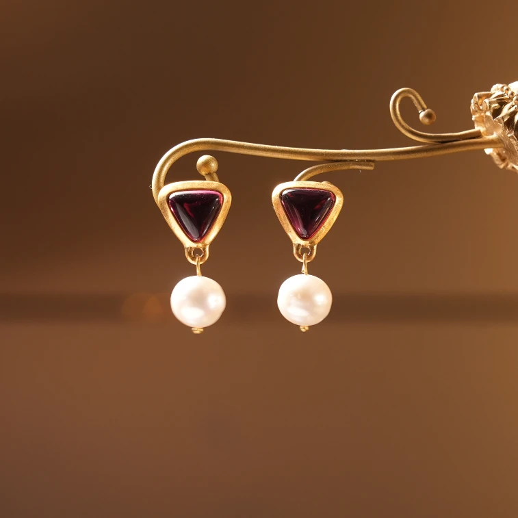 铜合金耳饰 G107香香家粉色镶嵌纯手工电镀做旧珠珠吊坠耳钉