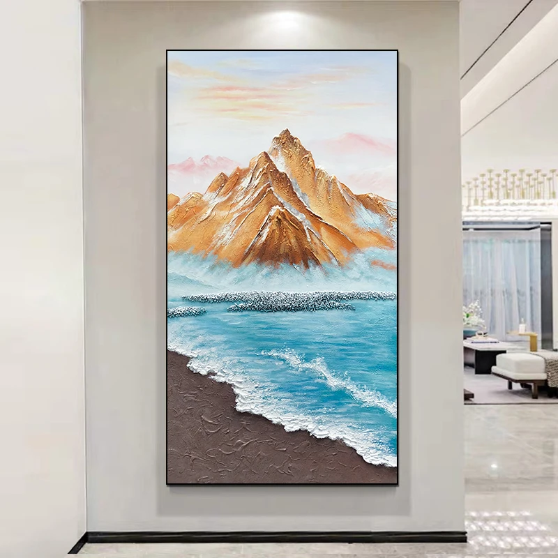 《背靠金山》纯手工玄关油画厚肌理浮雕立体质感装饰画客厅竖版挂画